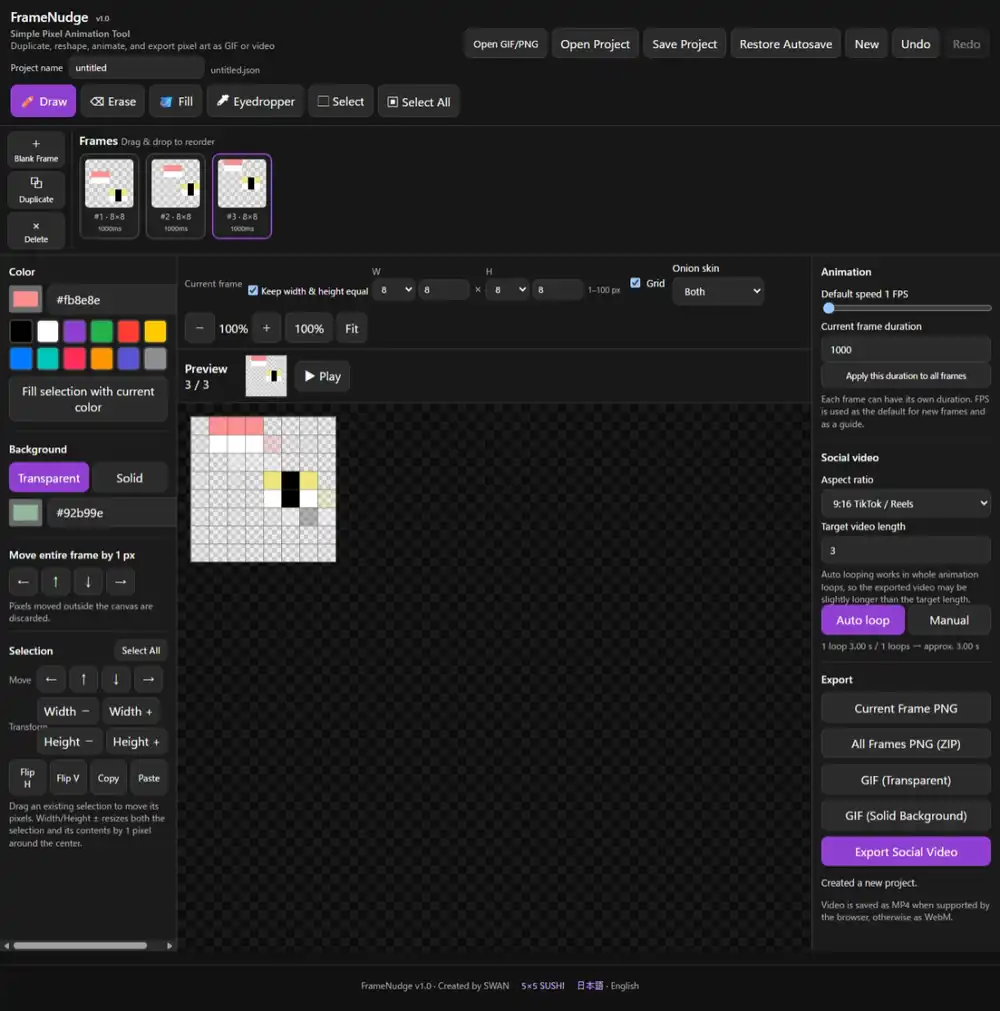 FrameNudge interface showing a three-frame sushi pixel animation with onion skin enabled